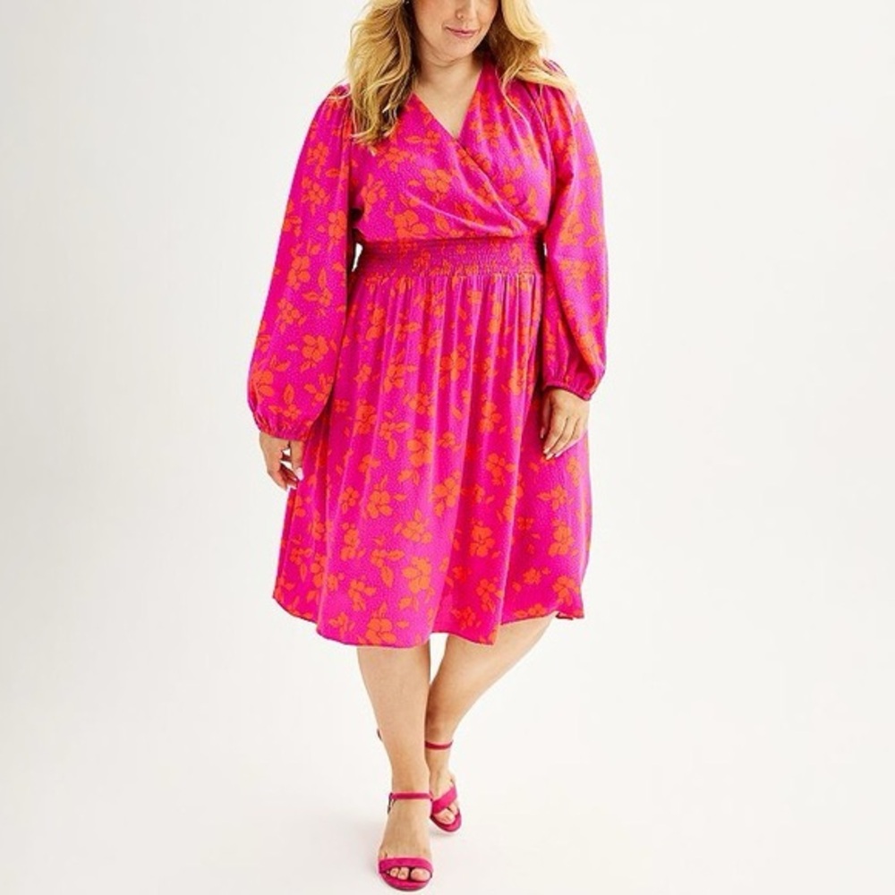 Draper James Hot Pink & Orange Floral Wrap-Style Mini Dress